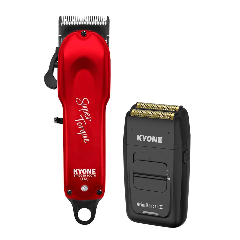 Kyone Set Stagger Tooth Pro Haarschneider + gratis Grim Reaper Dual Foil Rasierer